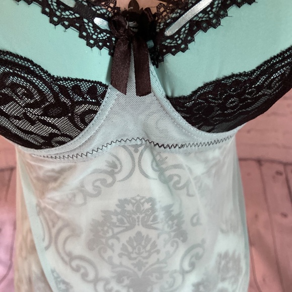 WOMEN'S SIZE LARGE CHEMISE LINGERIE SEA FOAM GREEN BLACK TRIM - Picture 3 of 8